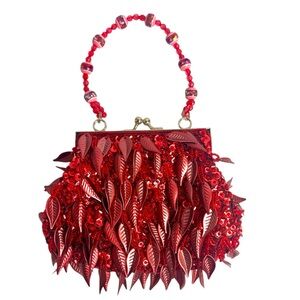 Vintage‎ Red Sequin Beaded Evening Bag with Leaf Accents
